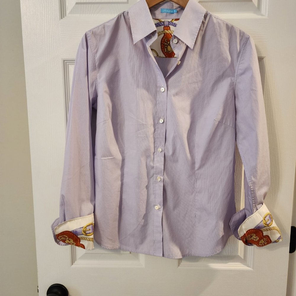 J. McLaughlin Purple Thin White Stripe Button Down Shirt with Silk cuffs Size 8 - Picture 7 of 14